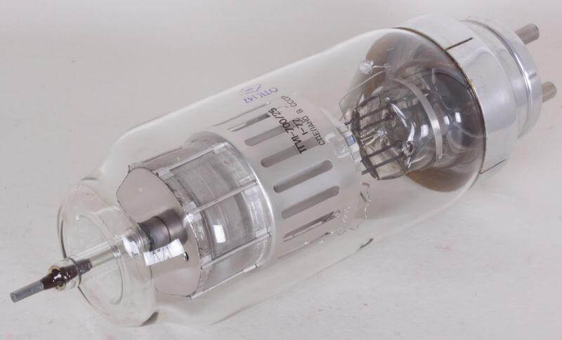Soviet era vacuum tube showcasing a Thyratron design, used for high-voltage switching and control applications.