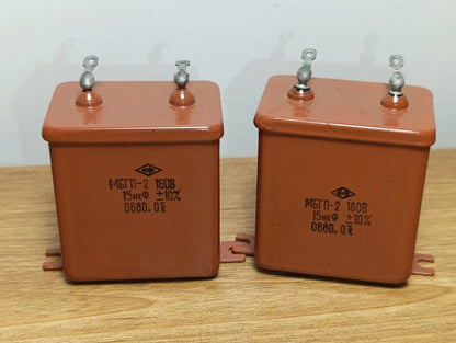 15uF 160 V  PAIR RUSSIAN PAPER IN OIL PIO AUDIO CAPACITORS MBGP-2 МБГП-2 (PAIR)