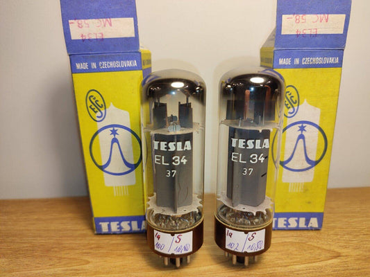 2x (Pair!) Matched Tesla EL34 Tube (6CA7) Brown Base, OO-Getter  NIB NOS #2