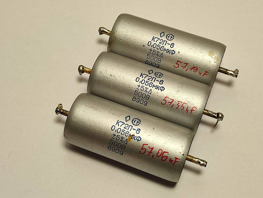 3X USED Russian K72P-6 teflon capacitor 0.056uF 500V +/-5%, tested