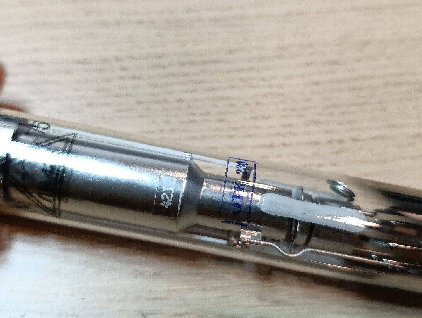 Close-up of vintage Russian Vidicon tube LI422-2 showing detailed markings and features.